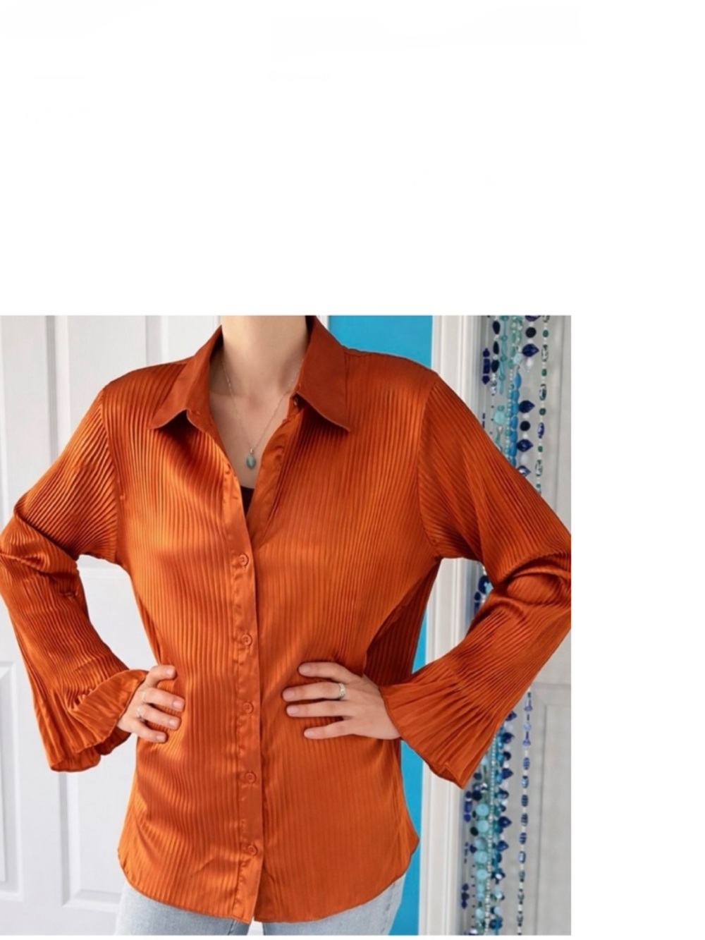 Burnt Orange Satin Pleated Blouse – Romantic Boho Elegance with Flared Sleeves